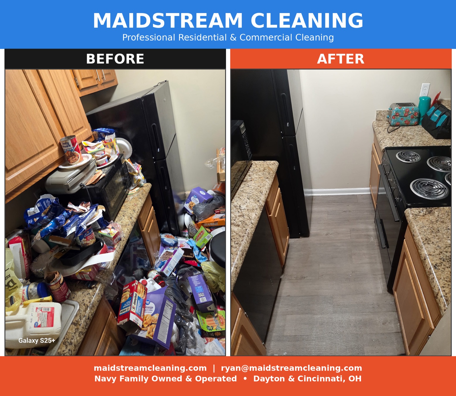 Before and after kitchen cleanout by Maidstream Cleaning
